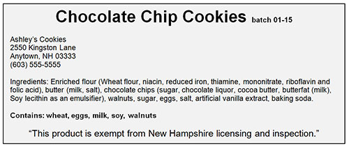 New Hampshire chomestead food cootage food label