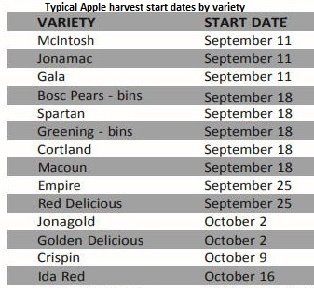 Apple variety typical harvest dates