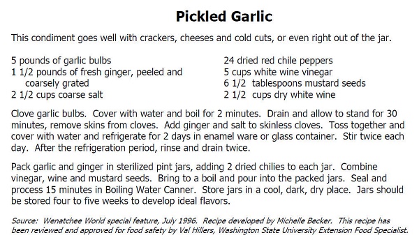 Washington State University's County Extension Service Recipe for Pickled Garlic