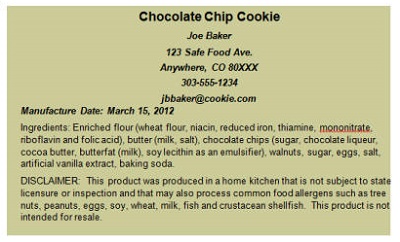 Sample Colorado cottage food label