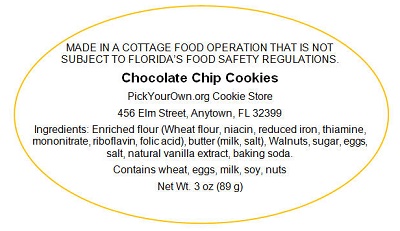 Florida Cottage Food Sample Label