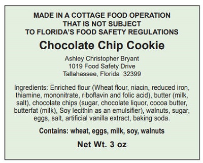 Sample Florida Cottage Foods Label
