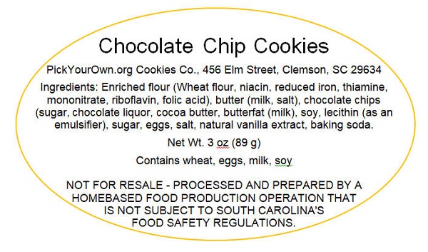 SC sample cottage food label