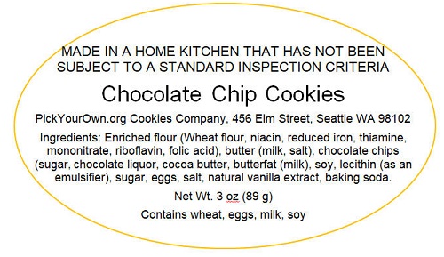 Washington State Sample Cottage Food Label